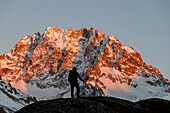 France, Hautes Alpes, Ecrins National Park, valley of Valgaudemar, La Chapelle en Valgaudémar, Jocelme Peak (3458m) at sunset