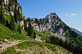 France, Haute Savoie, Le Petit-Bornand-les-Glières, hiker on the Glières plateau
