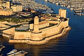 France, Bouches du Rhone, Marseille, 2nd district, Euroméditerranée Zone, the Fort Saint Jean classified as a Historic Monument, the Garden of Migrations, the old port (aerial view)