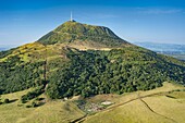 France, Puy de Dome, Orcines, Regional Natural Park of the Auvergne Volcanoes, the Chaîne des Puys, listed as World Heritage by UNESCO, the Puy de Dome volcano (aerial view)