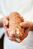 France, Rhone, Lyon, famous delicatessen George Reynon, sabodet cooking sausage