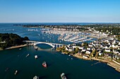France, Morbihan, La Trinite sur Mer, the harbour, the kerisper brige, Crac'h River (aerial view)