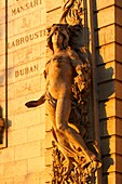 France, Haute-Garonne, Toulouse, listed at Great Tourist Sites in Midi-Pyrenees, Beaux-Arts academy, sculpture on the facade of the Fine Arts at sunset