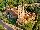 France, Pyrenees Orientales, Codalet, Abbey of Saint Michel de Cuxa, Regional Natural Park of the Catalan Pyrenees (aerial view)