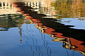 France, Rhône, Lyon, reflections of the footbridge of the Palais de Justice on La Saône