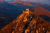 France, Pyrenees, Ariege, Lavelanet, Montsegur, aerial view of the castle of Montsegur at sunrise