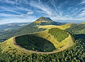 France, Puy de Dome, Orcines, Regional Natural Park of the Auvergne Volcanoes, the Chaîne des Puys, listed as World Heritage by UNESCO, Puy Pariou volcano in the foreground (aerial view)