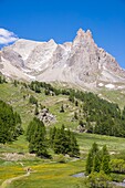 Frankreich, Hautes Alpes, Nevache, La Claree-Tal, das Cerces-Massiv (3093m) und die Gipfel des Main de Crepin (2942m)