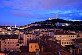 France, Rhône, Lyon, 1st arrondissement, Les Pentes district of La Croix Rousse, Basilica Notre Dame de Fourviere (19th century), listed as a Historic Monument in the background