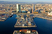 France, Bouches du Rhone, Marseille, 2nd district, Euroméditerranée area, Arenc district, Arenc basin, CMA CGM tower, architect Zaha Hadid and La Marseillaise tower, architect Jean Nouvel (aerial view)