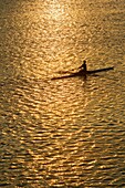 France, Haute-Garonne, Toulouse, listed at Great Tourist Sites in Midi-Pyrenees, kayak sailing on the river at sunset