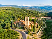 France, Pyrenees Orientales, Codalet, Abbey of Saint Michel de Cuxa, Regional Natural Park of the Catalan Pyrenees (aerial view)