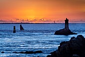France, Finistere, Plogoff, Raz de Sein, From dusk to dawn on the La Vieille lighthouse in the raz de Sein, listed as Historical monument