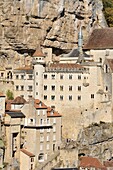 France, Lot, Haut Quercy, Rocamadour, medieval religious city with its sanctuaries and step of the road to Santiago de Compostela, he Grand Stairs of pilgrims below