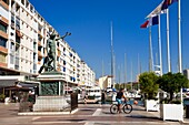 France, Var, Toulon, quai Kronstadt, the Genius of Navigation statue in front of the apartment blocks designed by De Mailly following the 1944 bombing
