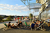 France, Loire Atlantique, Nantes, Ile de Nantes (Island of Nantes), quai des Antilles, the Hangar à Bananes (Bananas Warehouse) and Buren's rings on Loire River quays, La Cantine du Voyage (Travel cafeteria)