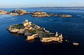 Frankreich, Bouches du Rhone, Nationalpark Calanques, Marseille, 7. Arrondissement, Archipel der Frioul-Inseln, Ile d'If, Chateau d'If, denkmalgeschützt (Luftaufnahme)