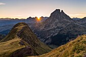 France, Pyrenees Atlantiques, Bearn, hiking in the Pyrenees, sunrise from the Pic d'Ayous, view on the Pic du Midi d'Ossau