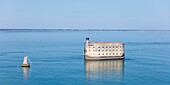 France, Charente Maritime, Fort Boyard, sailing boat and the fort (aerial view)