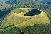 France, Puy de Dome, Orcines, Regional Natural Park of the Auvergne Volcanoes, the Chaîne des Puys, listed as World Heritage by UNESCO, Puy Pariou volcano (aerial view)