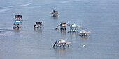 France, Charente Maritime, Madame island, fishing cabins with carrelet (aerial view)