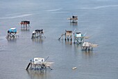 France, Charente Maritime, Madame island, fishing cabins with carrelet (aerial view)