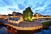 France, Morbihan, Gulf of Morbihan, Vannes, the ramparts, old wash houses, la Marle River, Connetable tower (commander of the French Tower) and cathedral St-Pierre in the background