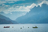 France, Corse du Sud, Porto, Gulf of Porto listed as World Heritage by UNESCO, Gradelle beach, canoe in the gulf and Capu d'Orto mountain