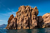 France, Corse du Sud, Porto, Gulf of Porto listed as World Heritage by UNESCO, boat tour of the shredded coast of Capo Rosso with cliffs of ocher color