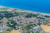 France, Calvados, Bernieres sur Mer, the town and Juno beach June 6 1944 landing beach (aerial view)
