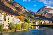 France, Isere, Grenoble, banks of Isere river, Saint Laurent district and Chartreuse massif in the background
