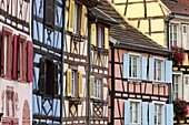 France, Haut Rhin, Route des Vins d'Alsace, Colmar, row of facades of half timbered houses in La Petite Venise district