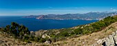France, Corse du Sud, Porto, Gulf of Porto listed as World Heritage by UNESCO, panoramic view from Monte San Ghiabicu on the Gulf of Porto, cape and monte Senino
