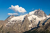 France, Hautes Alpes, Ecrins National Park, the Tabuchet glacier, on the right the glacier and the Grand Pic de La Meije (3983m) seen from the Emparis plateau