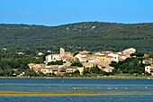 France, Herault, Balaruc-le-Vieux, view of a village with the lagoon of Thau in the foreground
