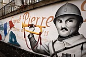 France, Territoire de Belfort, Beaucourt, fresco, tribute to Pierre Sellier the Bugler having sounded the Ceasefire of the Armistice on November 7, 1918, native of Beaucourt
