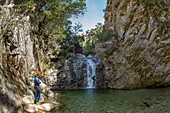 France, Corse du Sud, Bocognano, the canyon of the Richiusa, descent of a waterfall rappelling rope