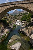 Frankreich, Corse du Sud, D 84, Albertacce, regionaler Naturpark, die Altu-Brücke über den Golu-Bach grenzt an den Berg Cinto
