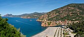 France, Corse du Sud, Porto, Gulf of Porto listed as World Heritage by UNESCO, the beach and the sea in panoramic view