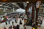 Frankreich, Paris, Bahnhof von Lyon, geht und kommt von Reisenden in einer Bahnhofshalle
