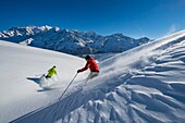 Frankreich, Haute Savoie, Massiv des Mont Blanc, die Contamines Montjoie, das Skifahren abseits der Pisten in der Nähe der Skipisten