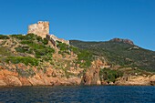 Frankreich, Corse du Sud, Porto, Golf von Porto, von der UNESCO zum Weltkulturerbe erklärt, der genuesische Turm des Dorfes Girolata, per Boot oder zu Fuß erreichbar