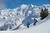 France, Haute Savoie, Massif of the Mont Blanc, the Contamines Montjoie, trails round in rackets with snow from the tracks of the Signal and the high summits of the nature reserve