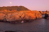 France, Var, Six Fours les Plages, Le Brusc, Petit Gaou island, statue of Venus, sunset on the sea, full moon evening, view of Cap Sicie