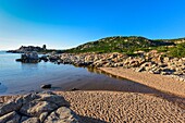 France, Corse du Sud, Campomoro, Tizzano, Senetosa reserve, hiking on the coastal path of the reserve, small coves of transparent water bathes beaches of fine gravel