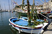 France, Var , Sanary, the port, Festival of Traditions and Heritage Days in September, baptism of a point just to be restored, traditional fishing boat, decorations