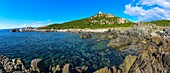 France, Corse du Sud, Campomoro, Tizzano, Senetosa reserve, hiking on the coastal path of the reserve, panoramic view of the coast and the Genoese tower