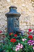 Frankreich, Alpes de Haute Provence, Simiane la Rotonde, alter Springbrunnen in einer Dorfstraße