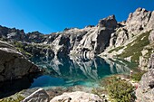 France, Haute Corse, Corte, Restonica Valley, Regional Nature Park, hiking at Capitello Lake and the tip of 7 lakes