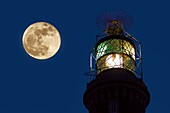 France, Finistere, Ponant Islands, Armorica Regional Nature Park, Iroise Sea, Ouessant Island, Biosphere Reserve (UNESCO), Full Moon over the Lantern of the Créac'h Lighthouse